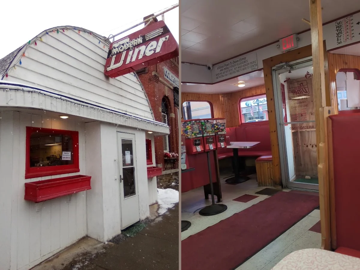 Historic diner interior with warm lighting.