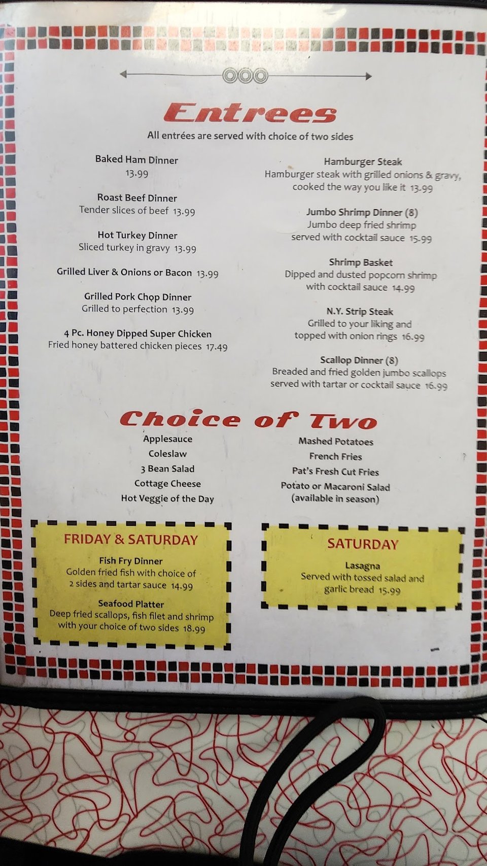 Diner menu page with salads and appetizers.
